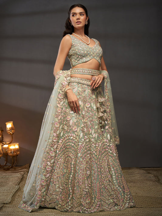 Sea green Net Multi Sequins with heavy Zarkan embroidery Semi-Stitched Lehenga choli and Dupatta