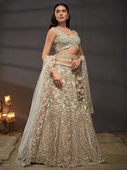 Sea green Net Multi Sequins with heavy Zarkan embroidery Semi-Stitched Lehenga choli and Dupatta