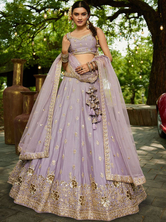 Mauve colour Chinnon Sequinse embroidery Semi-Stitched Lehenga choli and Dupatta