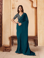 Teal Pleated Saree With Multithread Zari Embroidered Blouse Piece