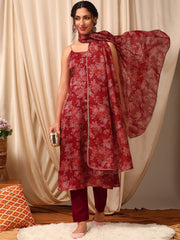 Women Maroon Floral Printed Regular Kurta with Trousers & With Dupatta