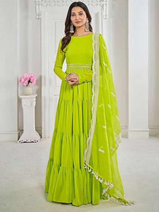 Green Gotta Patti Belted Georgette Fit & Flare Ethnic Dress & Dupatta