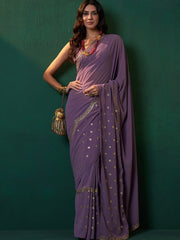 Lavender Floral Embroidered Sequined Zari Saree