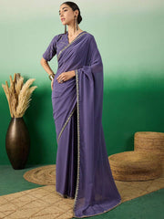 Blue Solid Zari Poly Georgette Saree