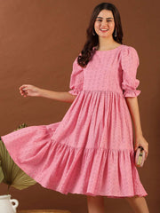 Pink Chikankari Embroidered Tiered Cotton Fit and Flare Midi Ethnic Dress