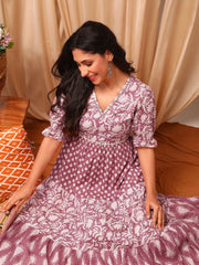 Pink and white Floral Printed Tiered Ethnic Dress