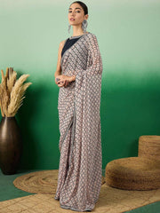 Pink and Black Ethnic Printed & Embroidered Border Saree With Blouse Piece