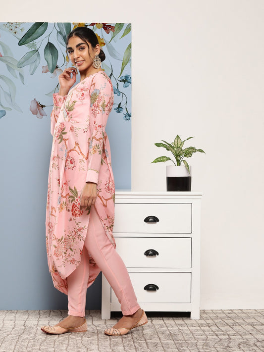Women Floral Printed Pleated Gotta Patti Kurta with Trousers
