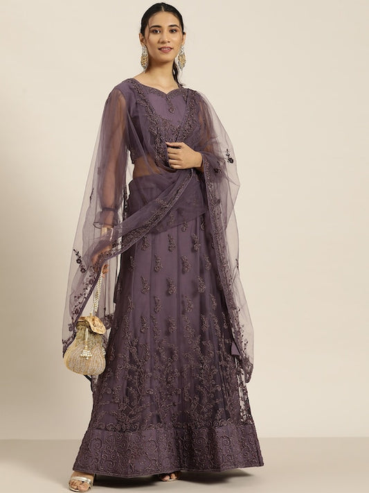 Mauve Embroidered Semi-Stitched Lehenga & Unstitched Blouse With Dupatta