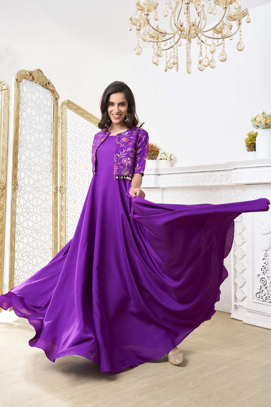 Women Embroidered Fit & Flared Ethnic Dresses With Jacket