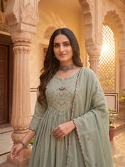 Women Ethnic Motifs Embroidered Panelled Thread Work Chanderi Cotton Kurta with Trousers & With