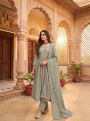 Women Ethnic Motifs Embroidered Panelled Thread Work Chanderi Cotton Kurta with Trousers & With