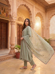 Women Ethnic Motifs Embroidered Panelled Thread Work Chanderi Cotton Kurta with Trousers & With