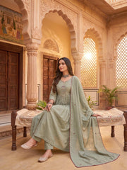 Women Ethnic Motifs Embroidered Panelled Thread Work Chanderi Cotton Kurta with Trousers & With