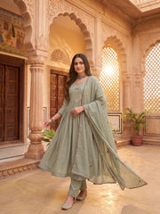 Women Ethnic Motifs Embroidered Panelled Thread Work Chanderi Cotton Kurta with Trousers & With