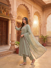 Women Ethnic Motifs Embroidered Panelled Thread Work Chanderi Cotton Kurta with Trousers & With