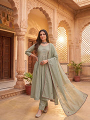 Women Ethnic Motifs Embroidered Panelled Thread Work Chanderi Cotton Kurta with Trousers & With