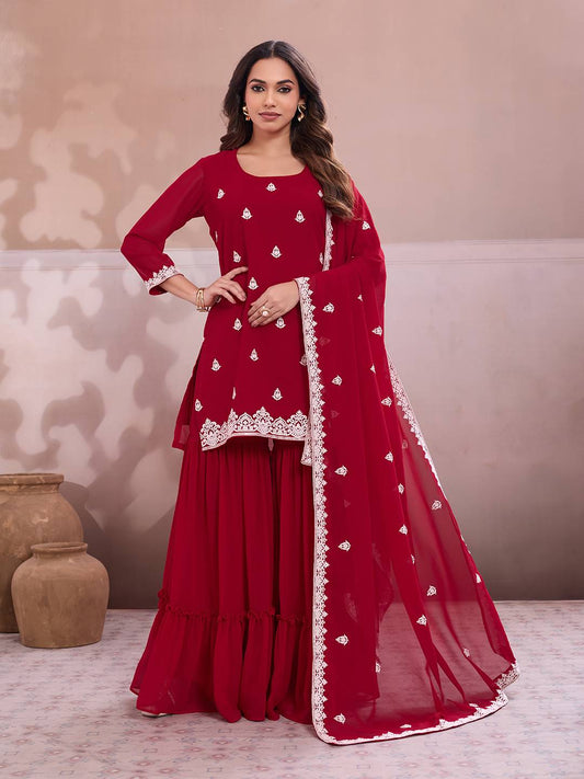 Embroidered Straight Kurta & Sharara With Dupatta