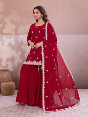 Embroidered Straight Kurta & Sharara With Dupatta