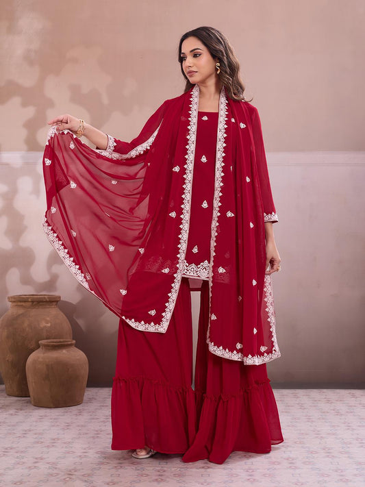 Embroidered Straight Kurta & Sharara With Dupatta