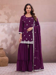 Embroidered Straight Kurta & Sharara With Dupatta