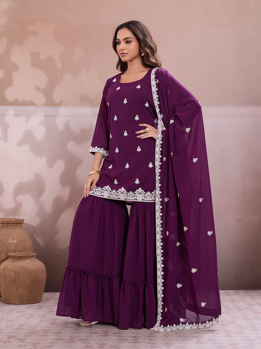 Embroidered Straight Kurta & Sharara With Dupatta