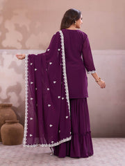 Embroidered Straight Kurta & Sharara With Dupatta