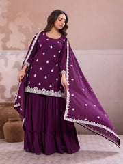 Embroidered Straight Kurta & Sharara With Dupatta