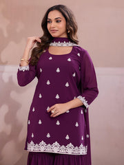Embroidered Straight Kurta & Sharara With Dupatta
