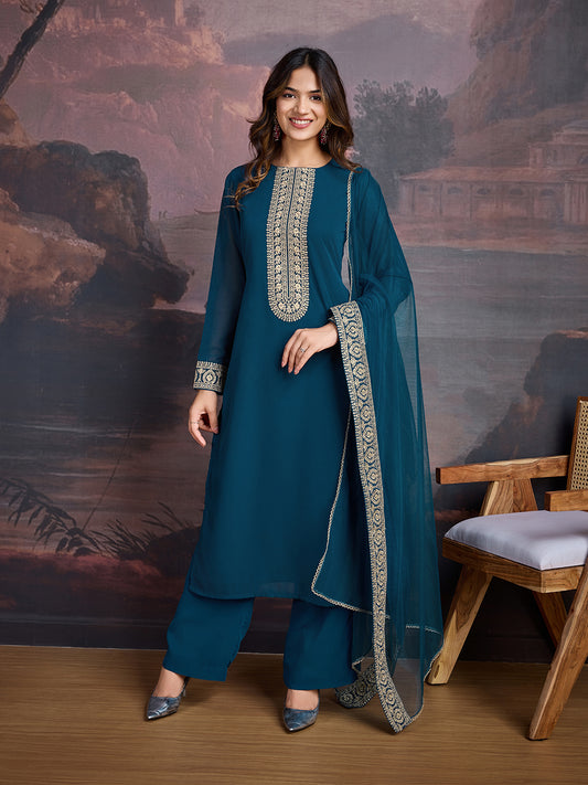 Zari & Sequin Embroidered Yoke Design Kurta With Trousers & Dupatta