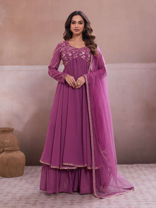 Embroidered Georgette Sweetheart Neck Kurta & Sharara With Dupatta