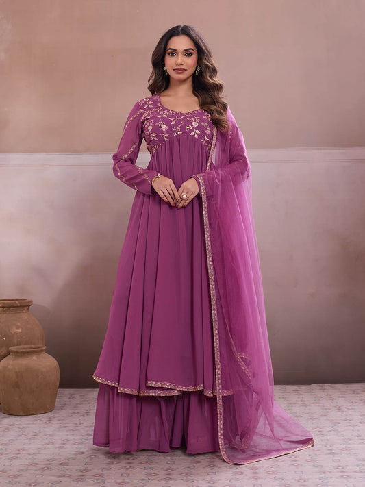 Embroidered Georgette Sweetheart Neck Kurta & Sharara With Dupatta