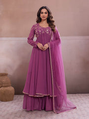 Embroidered Georgette Sweetheart Neck Kurta & Sharara With Dupatta
