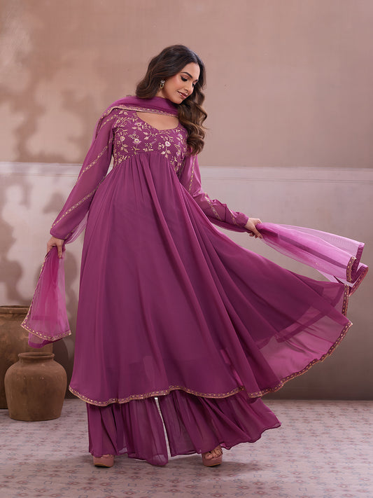 Embroidered Georgette Sweetheart Neck Kurta & Sharara With Dupatta