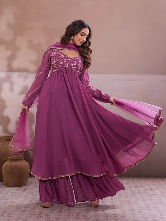 Embroidered Georgette Sweetheart Neck Kurta & Sharara With Dupatta