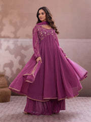 Embroidered Georgette Sweetheart Neck Kurta & Sharara With Dupatta