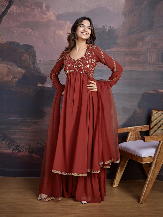 oral Thread & Sequin Embroidered Pleated Kurta With Trousers & Dupatta