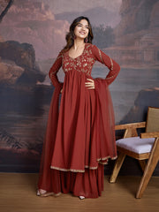 oral Thread & Sequin Embroidered Pleated Kurta With Trousers & Dupatta