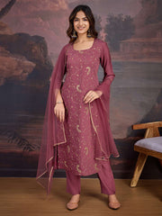 Embroidered Straight Kurta With Trousers & Dupatta
