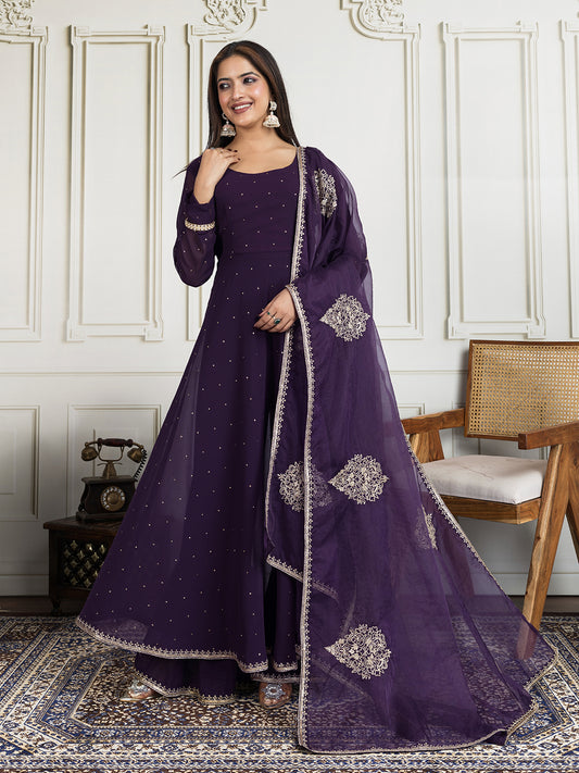 Geometric Embroidered A-line Georgette Kurta With Sharara And Dupatta