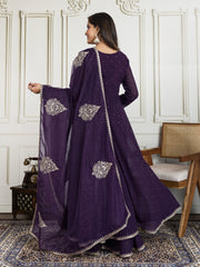 Geometric Embroidered A-line Georgette Kurta With Sharara And Dupatta