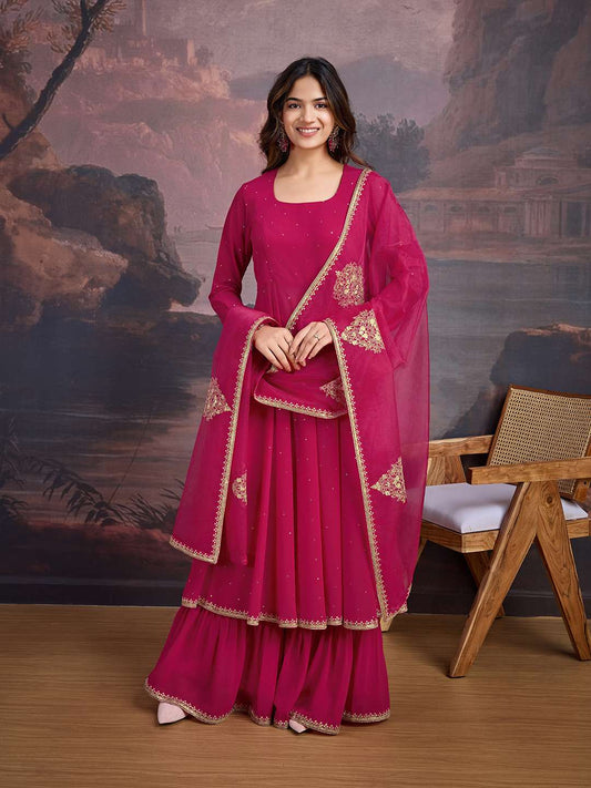 U-Neck Anarkali Georgette Kurta & Sharara WithDupatta