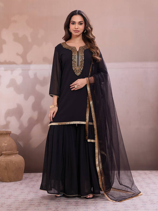 Embroidered Round Neck Kurti & Sharara With Dupatta