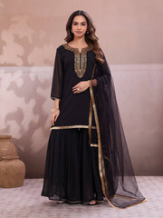 Embroidered Round Neck Kurti & Sharara With Dupatta