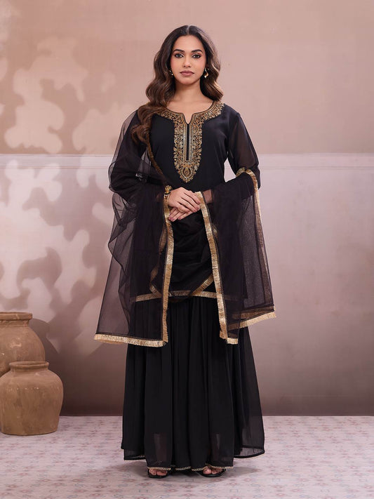 Embroidered Round Neck Kurti & Sharara With Dupatta