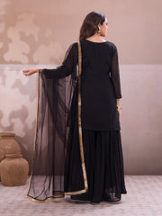 Embroidered Round Neck Kurti & Sharara With Dupatta