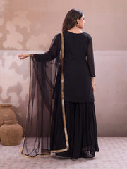Embroidered Round Neck Kurti & Sharara With Dupatta