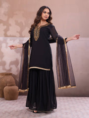 Embroidered Round Neck Kurti & Sharara With Dupatta