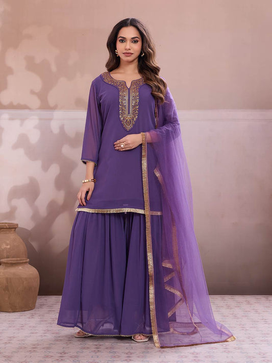Embroidered Round Neck Kurta & Sharara With Dupatta