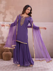 Embroidered Round Neck Kurta & Sharara With Dupatta